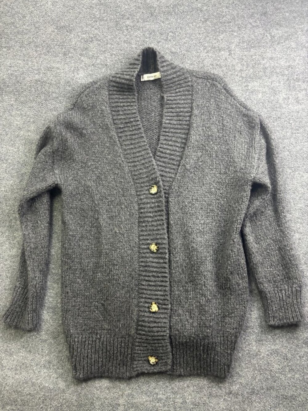 Zara Cardigan Sweater Womens Large Gray V Neck Chunky Knit Button Front Mohair